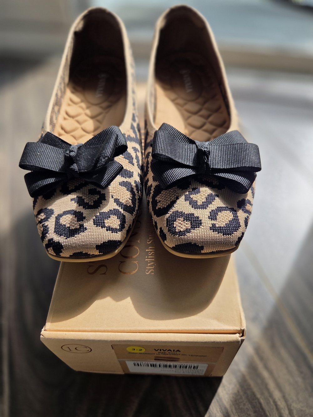 VIVAIA Leopard Knit Ballet Flats with Black Bow